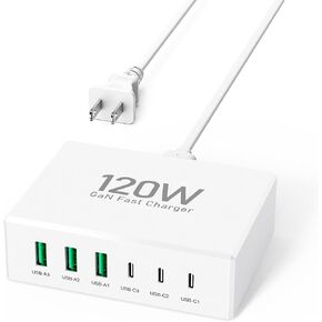 USB C Fast Charger Block,120W GaN 6 Ports PD Type C Wall Charging Station Hub for Multiple Devices,Super Fast USB A Charger Power Adapter Plug Box for iPhone 15 14 13 12 Pro Max, 5ft AC Extension Cord