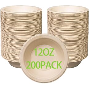 12 oz Compostable Paper Bowls 200pack Heavy-Duty Eco-Friendly Bulk Pack Disposable Bowls Biodegradable Made of Sugar Cane Fibers, Hot or Cold Use