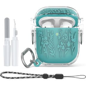 for Airpods 2nd Generation Case with Lock, Floral Flower Engraved Airpod Case 2nd/1st Generation Full Protective Cover with Cleaner Kit&Keychain&Lanyard for AirPod Case Cover (Off White)