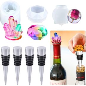 Voyyphixa 3 Pcs Resin Wine Stopper Molds with 4 Stopper, Wine Bottle Stopper Silicone Molds for Epoxy Casting, Geometric Sphere Crystal Cluster Diamond Molds