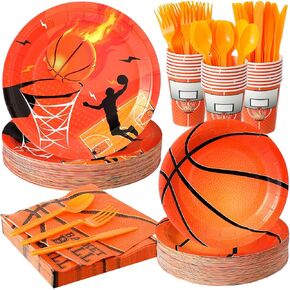 Lallisa 350 Pcs Sports Theme Party Supplies Tableware Include 100 Paper Plates 50 Cups 50 Napkins 50 Forks 50 Plastic Spoons 50 Knives Serve 50 for Birthday Party(Basketball)