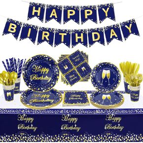 167 PCS Blue and Gold Party Supplies - Birthday Banner, Blue Birthday Plates, Napkins, Cups and Tablecloth for Baby Shower, Birthday, Wedding Party Decorations, Serve 20 Guests