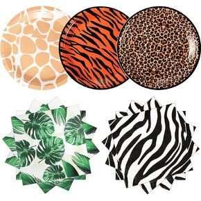 60 Pcs Zoo Animal Print Party Supplies Jungle Safari Animal Disposable Print Paper Plates and Napkins Dessert Plates and Tropical Leaf Napkins for Jungle Safari Party Birthday Party Decor