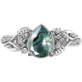 1CT Natural Moss Agate Ring 925 Sterling Silver Teardrop Green Engagement Rings for Women Twisted Leaf Promise Ring Wedding Jewelry Gift for Her