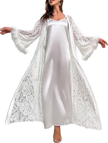 OYOANGLE Women's 2 Piece Silk Satin Pajama Set Slip Dress Nightgown and Floral Mesh Lace Long Sleeve Robe Set in Saudi Arabia
