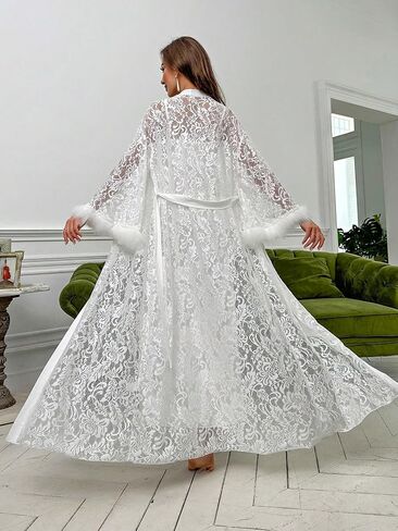 OYOANGLE Women's 2 Piece Silk Satin Pajama Set Slip Dress Nightgown and Floral Mesh Lace Long Sleeve Robe Set in Saudi Arabia