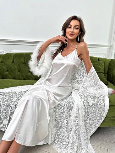 OYOANGLE Women's 2 Piece Silk Satin Pajama Set Slip Dress Nightgown and Floral Mesh Lace Long Sleeve Robe Set in Saudi Arabia