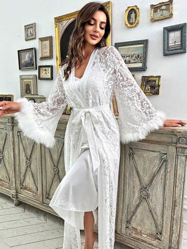 OYOANGLE Women's 2 Piece Silk Satin Pajama Set Slip Dress Nightgown and Floral Mesh Lace Long Sleeve Robe Set in Saudi Arabia