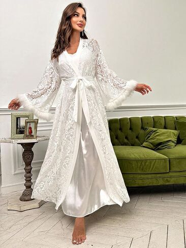 OYOANGLE Women's 2 Piece Silk Satin Pajama Set Slip Dress Nightgown and Floral Mesh Lace Long Sleeve Robe Set in Saudi Arabia