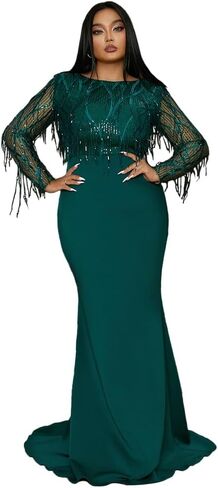 Women's Plus Size Formal Tassel Sequin Floor Length Dress,Long Sleeve Mermaid Green Evening Gown in Saudi Arabia