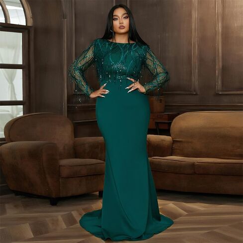 Women's Plus Size Formal Tassel Sequin Floor Length Dress,Long Sleeve Mermaid Green Evening Gown in Saudi Arabia