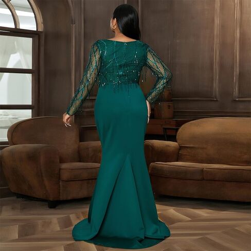 Women's Plus Size Formal Tassel Sequin Floor Length Dress,Long Sleeve Mermaid Green Evening Gown in Saudi Arabia