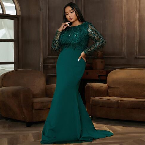 Women's Plus Size Formal Tassel Sequin Floor Length Dress,Long Sleeve Mermaid Green Evening Gown in Saudi Arabia