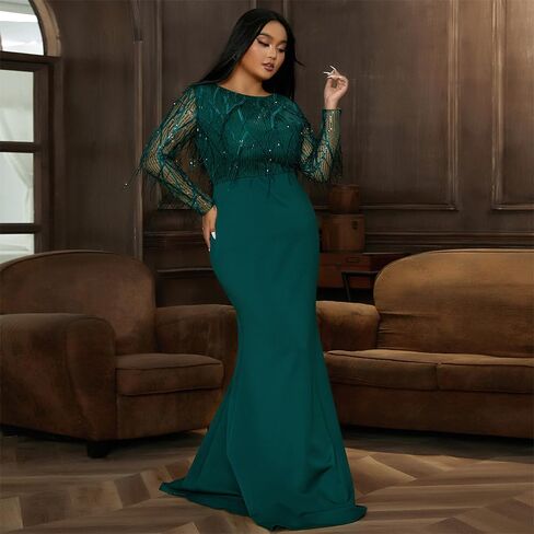 Women's Plus Size Formal Tassel Sequin Floor Length Dress,Long Sleeve Mermaid Green Evening Gown in Saudi Arabia