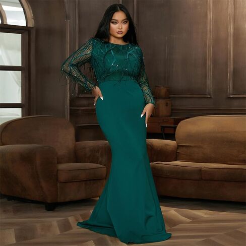 Women's Plus Size Formal Tassel Sequin Floor Length Dress,Long Sleeve Mermaid Green Evening Gown in Saudi Arabia