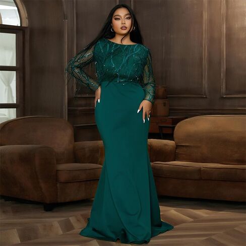 Women's Plus Size Formal Tassel Sequin Floor Length Dress,Long Sleeve Mermaid Green Evening Gown in Saudi Arabia