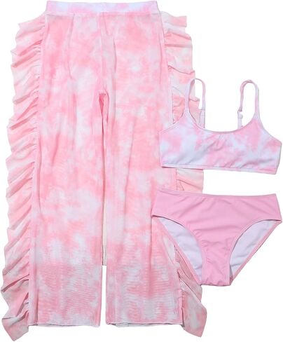 Milumia Girl 3 Piece Tie Dye Bikini Sets Spaghetti Strap Swimsuit with Ruffle Trim Coverup Pants Pink 10 Years in Saudi Arabia