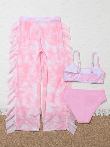 Milumia Girl 3 Piece Tie Dye Bikini Sets Spaghetti Strap Swimsuit with Ruffle Trim Coverup Pants Pink 10 Years in Saudi Arabia