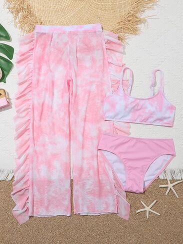 Milumia Girl 3 Piece Tie Dye Bikini Sets Spaghetti Strap Swimsuit with Ruffle Trim Coverup Pants Pink 10 Years in Saudi Arabia