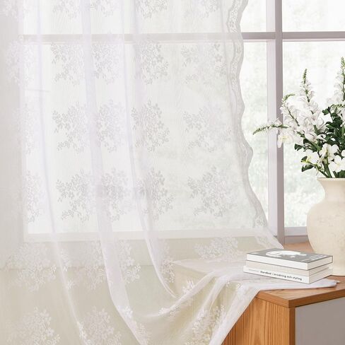 Hokibero White Lace Curtains for Living Room Bedroom Floral Embroidered Curtains with Scalloped Edges 45 Inch Length 2 Panels Set Light Filtering Small Curtains Decor for Cafe 52 x 45 in Saudi Arabia
