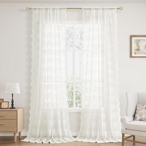Hokibero White Lace Curtains for Living Room Bedroom Floral Embroidered Curtains with Scalloped Edges 45 Inch Length 2 Panels Set Light Filtering Small Curtains Decor for Cafe 52 x 45 in Saudi Arabia