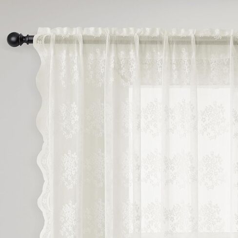 Hokibero White Lace Curtains for Living Room Bedroom Floral Embroidered Curtains with Scalloped Edges 45 Inch Length 2 Panels Set Light Filtering Small Curtains Decor for Cafe 52 x 45 in Saudi Arabia