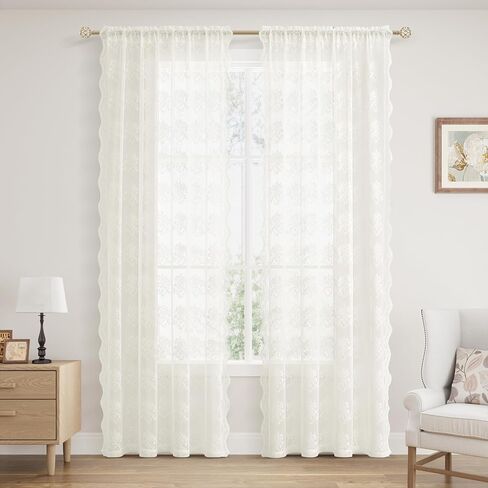 Hokibero White Lace Curtains for Living Room Bedroom Floral Embroidered Curtains with Scalloped Edges 45 Inch Length 2 Panels Set Light Filtering Small Curtains Decor for Cafe 52 x 45 in Saudi Arabia