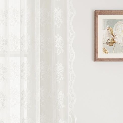 Hokibero White Lace Curtains for Living Room Bedroom Floral Embroidered Curtains with Scalloped Edges 45 Inch Length 2 Panels Set Light Filtering Small Curtains Decor for Cafe 52 x 45 in Saudi Arabia