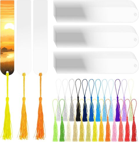 100 PCS Blank Acrylic Bookmarks with 100 Pcs Colorful Bookmark Tassels, Clear Bookmarks Bulk for DIY Craft Projects and Gift Tags, 5 x 1inch in Kuwait