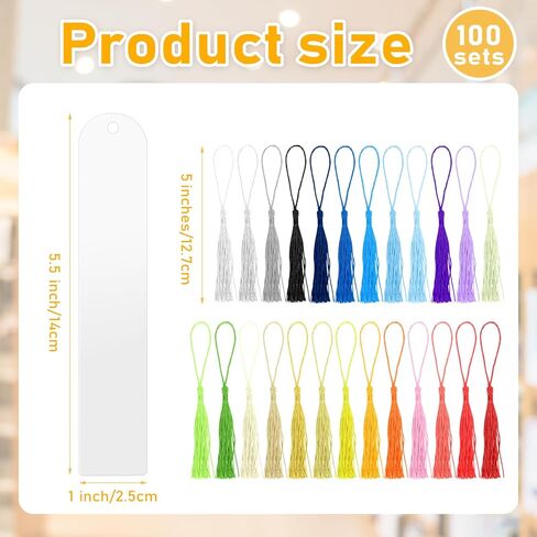100 PCS Blank Acrylic Bookmarks with 100 Pcs Colorful Bookmark Tassels, Clear Bookmarks Bulk for DIY Craft Projects and Gift Tags, 5 x 1inch in Kuwait