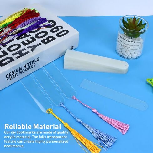 100 PCS Blank Acrylic Bookmarks with 100 Pcs Colorful Bookmark Tassels, Clear Bookmarks Bulk for DIY Craft Projects and Gift Tags, 5 x 1inch in Kuwait