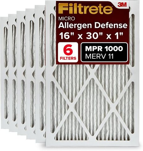Filtrete 16x30x1 AC Furnace Air Filter, MERV 11, MPR 1000, Micro Allergen Defense, 3-Month Pleated 1-Inch Electrostatic Air Cleaning Filter, 6 Pack (Actual Size 15.81x29.81x0.81 in) in Kuwait