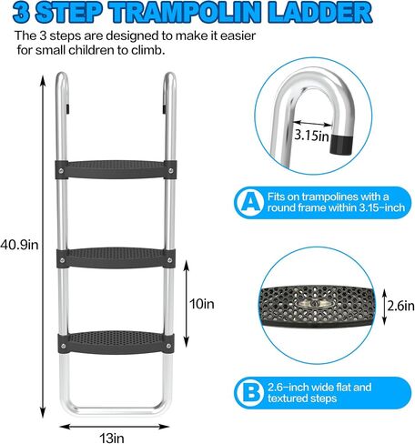 Trampoline Ladder, 3 Steps Trampoline Ladders, Universal Steps Ladder for 10ft 12ft 14ft 15ft 16ft Trampoline, Non-Slip Wide Steps, Universal Hooks, Trampoline Accessories for Kids/Children in Saudi Arabia