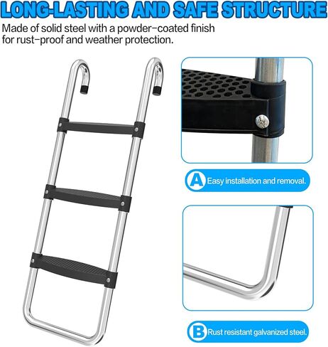 Trampoline Ladder, 3 Steps Trampoline Ladders, Universal Steps Ladder for 10ft 12ft 14ft 15ft 16ft Trampoline, Non-Slip Wide Steps, Universal Hooks, Trampoline Accessories for Kids/Children in Saudi Arabia