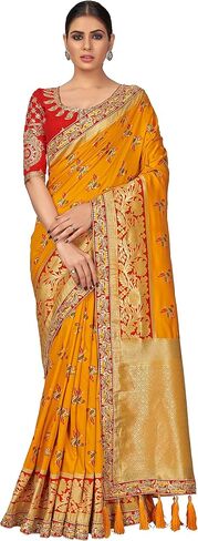Women's Banarasi Silk Saree With Blouse Piece (28360_Yellow) in Saudi Arabia