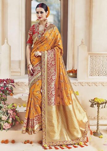 Women's Banarasi Silk Saree With Blouse Piece (28360_Yellow) in Saudi Arabia