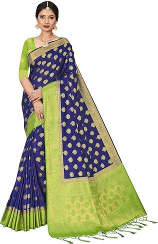Sarees For Women's Banarasi Raw Silk || Indian Ethnic Diwali Woven Saree Gift Sari With Non Stitched Blouse in Saudi Arabia