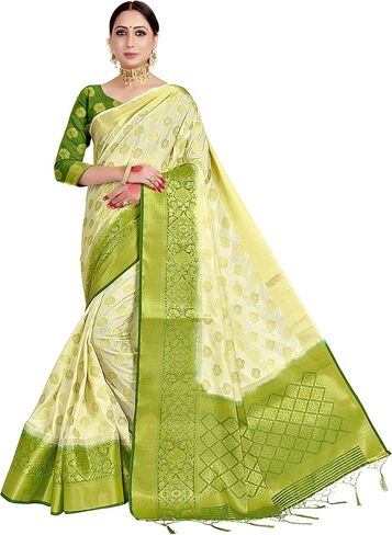 Sarees For Women's Banarasi Raw Silk || Indian Ethnic Diwali Woven Saree Gift Sari With Non Stitched Blouse in Saudi Arabia