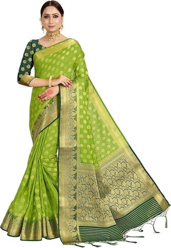 Sarees For Women's Banarasi Raw Silk || Indian Ethnic Diwali Woven Saree Gift Sari With Non Stitched Blouse in Saudi Arabia