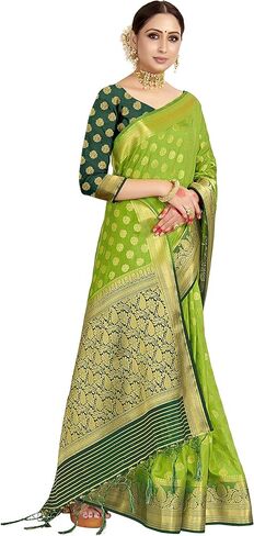 Sarees For Women's Banarasi Raw Silk || Indian Ethnic Diwali Woven Saree Gift Sari With Non Stitched Blouse in Saudi Arabia