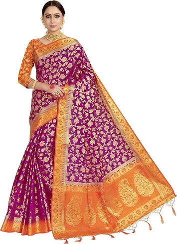 الساري الهندي للنساء من حرير باناراسي الخام || هدية الساري الهندي المنسوج لديوالي العرقي مع بلوزة غير مخيطة in Kuwait