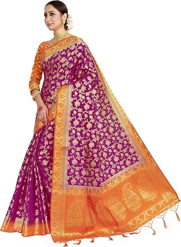 الساري الهندي للنساء من حرير باناراسي الخام || هدية الساري الهندي المنسوج لديوالي العرقي مع بلوزة غير مخيطة in Kuwait