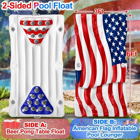 [2 in 1] 6 Ft Inflatable Pool Pong Table & Giant USA Flag Pool Lounger Float Red White and Blue Patriotic Fun Pool Games Raft Float for Adult Family Summer 4th of July Party (No Include Cup & Ball) in Saudi Arabia