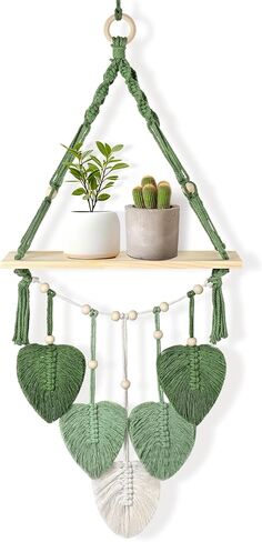 Macrame Wall Hanging Shelf Wood Floating Storage Shelf Boho Woven Leaf Wall Decor Plant Hanger for Photo Display Bedroom Living Room Nursery Decor in Saudi Arabia