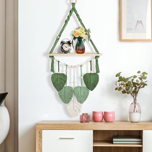 Macrame Wall Hanging Shelf Wood Floating Storage Shelf Boho Woven Leaf Wall Decor Plant Hanger for Photo Display Bedroom Living Room Nursery Decor in Saudi Arabia