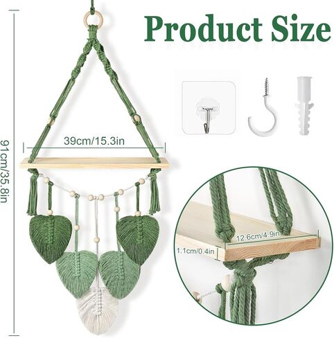 Macrame Wall Hanging Shelf Wood Floating Storage Shelf Boho Woven Leaf Wall Decor Plant Hanger for Photo Display Bedroom Living Room Nursery Decor in Saudi Arabia
