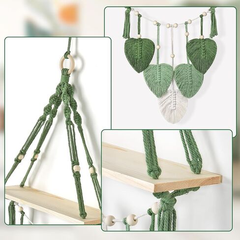 Macrame Wall Hanging Shelf Wood Floating Storage Shelf Boho Woven Leaf Wall Decor Plant Hanger for Photo Display Bedroom Living Room Nursery Decor in Saudi Arabia