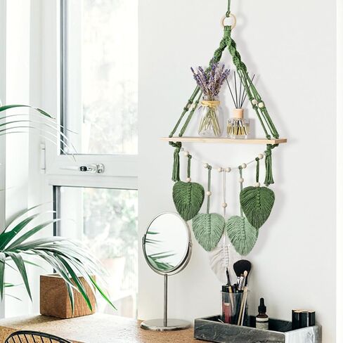 Macrame Wall Hanging Shelf Wood Floating Storage Shelf Boho Woven Leaf Wall Decor Plant Hanger for Photo Display Bedroom Living Room Nursery Decor in Saudi Arabia
