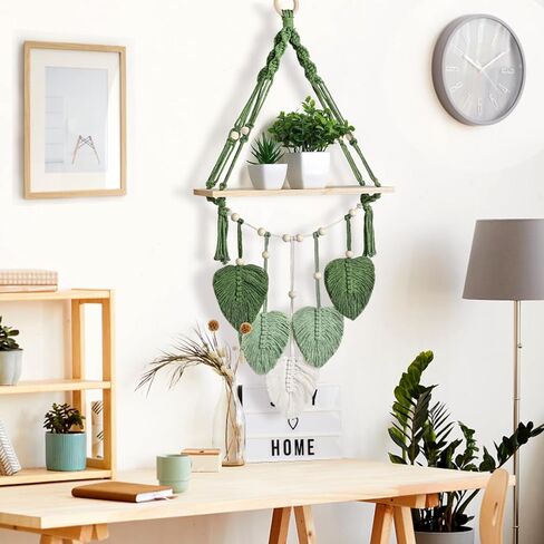 Macrame Wall Hanging Shelf Wood Floating Storage Shelf Boho Woven Leaf Wall Decor Plant Hanger for Photo Display Bedroom Living Room Nursery Decor in Saudi Arabia
