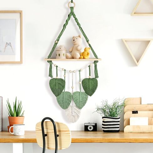 Macrame Wall Hanging Shelf Wood Floating Storage Shelf Boho Woven Leaf Wall Decor Plant Hanger for Photo Display Bedroom Living Room Nursery Decor in Saudi Arabia